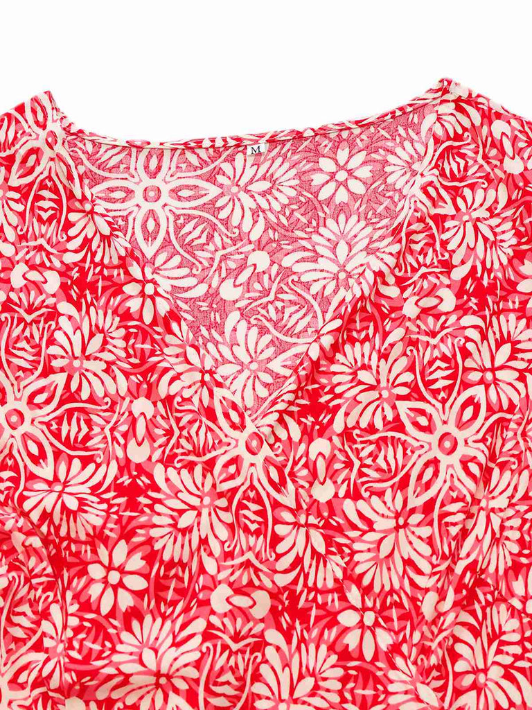 Red 1940s Boho Floral Wrap Dress - vintage dress, retro fashion, elegant red