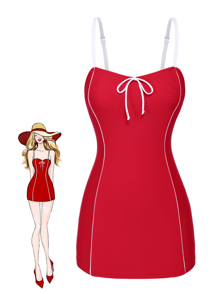 She's wearing Red 1940s Bow Straps One-Piece Swimsuit and the whole beach remembers the 1940s
