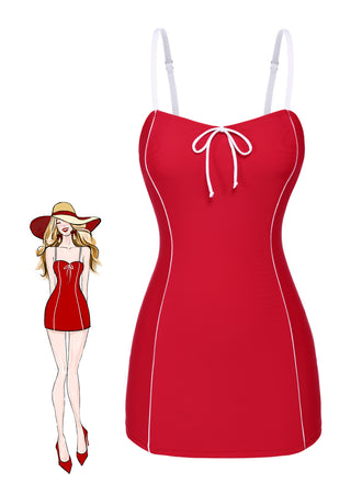 She's wearing Red 1940s Bow Straps One-Piece Swimsuit and the whole beach remembers the 1940s