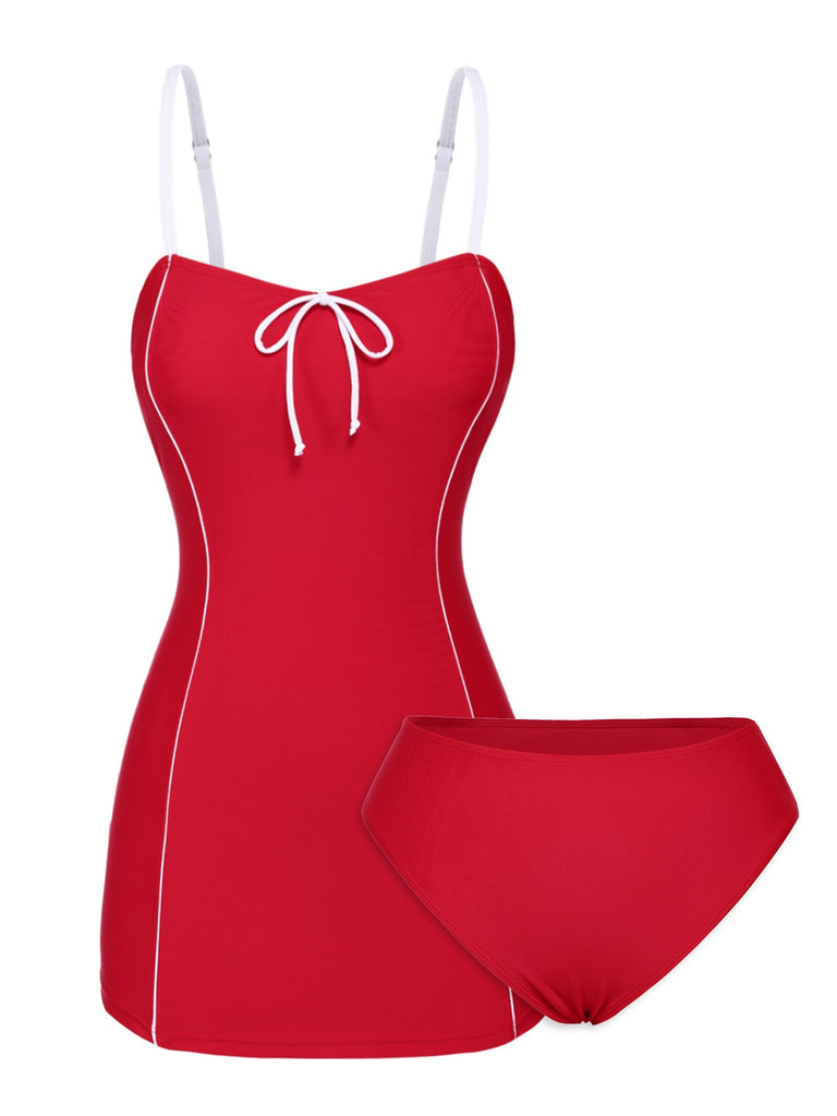 Red 1940s Bow Straps One-Piece Swimsuit: 1940s Riviera elegance, reimagined for her