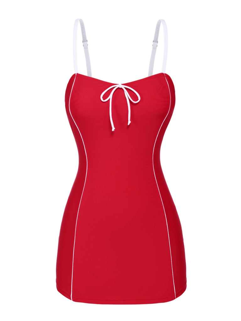 This Red 1940s Bow Straps One-Piece Swimsuit carries 1940s vacation dreams in every stitch