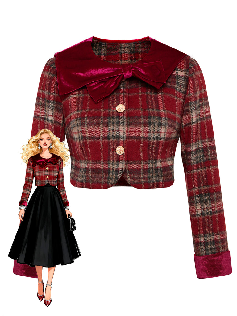 Red 1940s Brushed Plaid Velvet Patchwork Jacket - vintage fashion, retro style, elegant red
