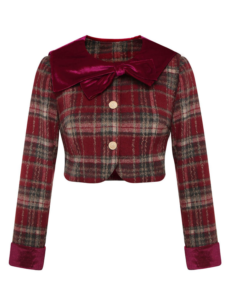 Red 1940s Brushed Plaid Velvet Patchwork Jacket - vintage fashion, retro style, elegant red