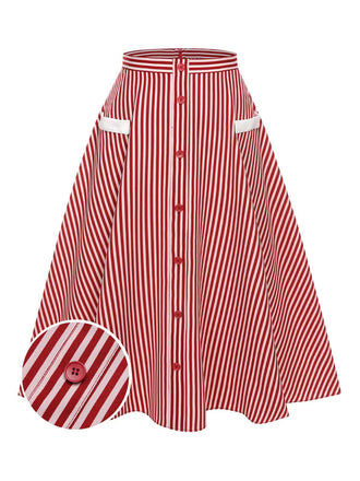 She sways in this Red 1940s Buttoned Stripes Skirt and it's pure 1940s magic