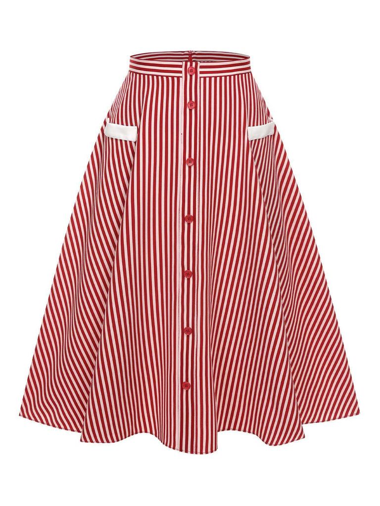 Red 1940s Buttoned Stripes Skirt: 1940s grace for the woman who dances through life