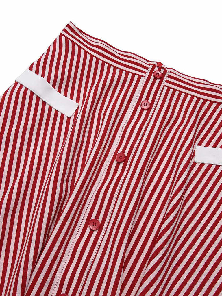 Red 1940s Buttoned Stripes Skirt — 1940s femininity that moves with her mood