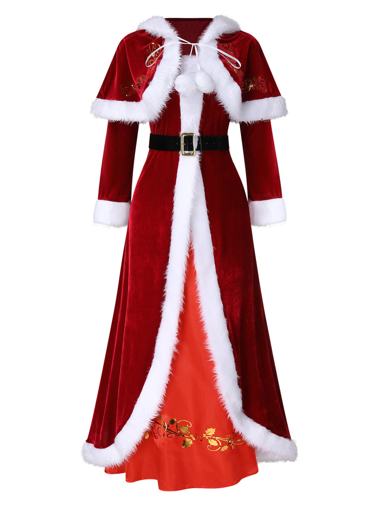 Mrs. Claus Costume Velvet Hooded Cloak Santa Christmas Dress Red Mrs. Claus Costume Velvet Hooded Cloak Santa Christmas Dress Red