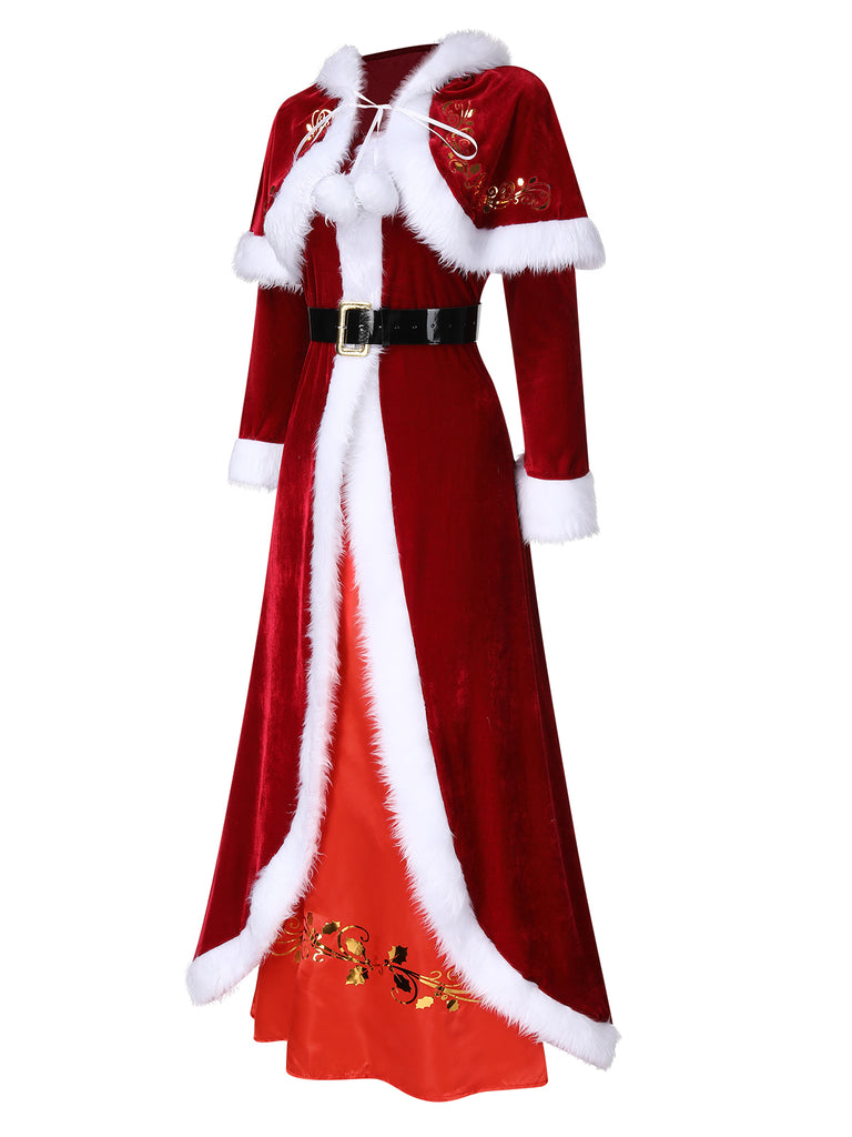 1940s christmas dress Christmas Fur Velvet Swing Dress with Cape | Reindeer Costume Set 5PCS