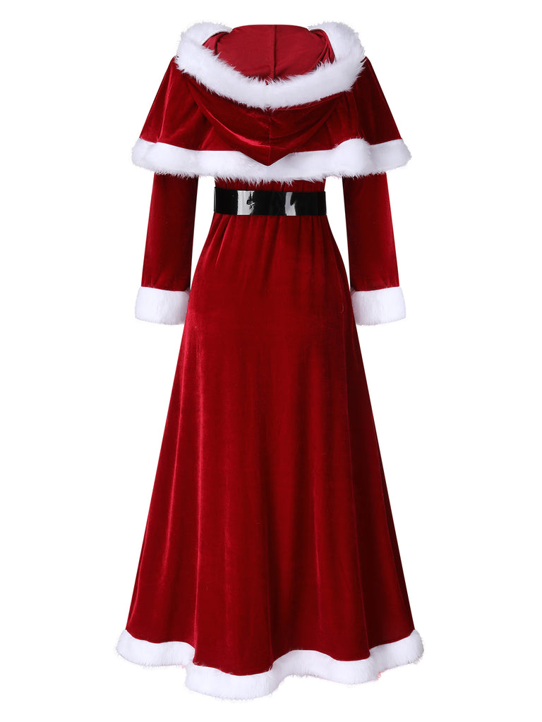 velvet christmas dress Christmas Outfits Santa Claus Costume Santa Suit Mrs Claus Dress Hooded Shawl Red Party Hooded Dresses(M)