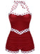 Red 1940s Dots Patchwork Halter Swimsuit - vintage swimwear, retro beach style for women