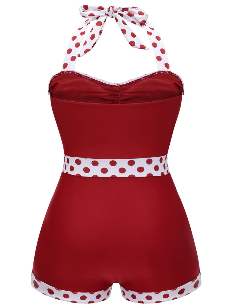 Red 1940s Dots Patchwork Halter Swimsuit: 1940s Riviera elegance, reimagined for her