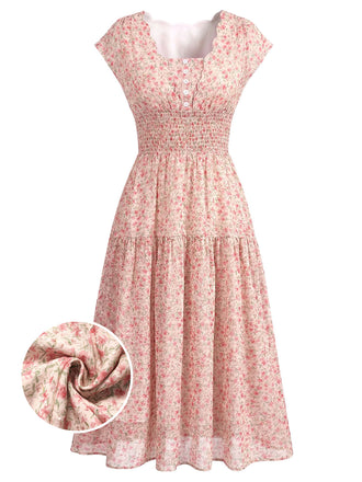 Red 1940s Floral Ruched Chiffon Dress - vintage dress, retro fashion, elegant red