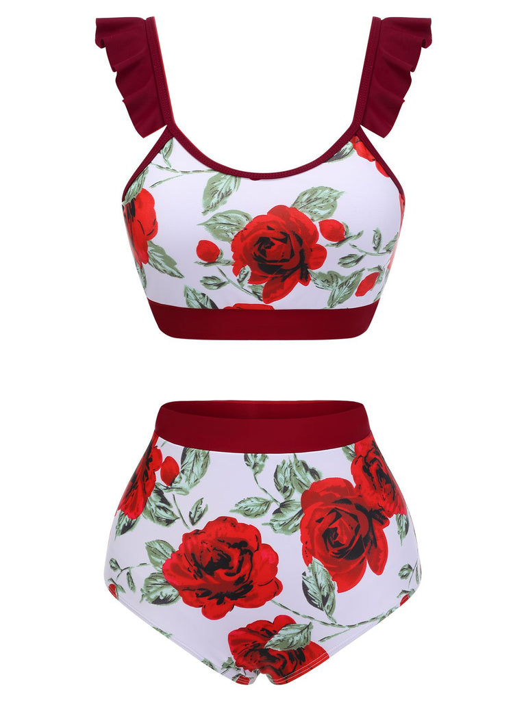 Red 1940s Floral Ruffles Swimsuit — vintage elegance for the modern woman