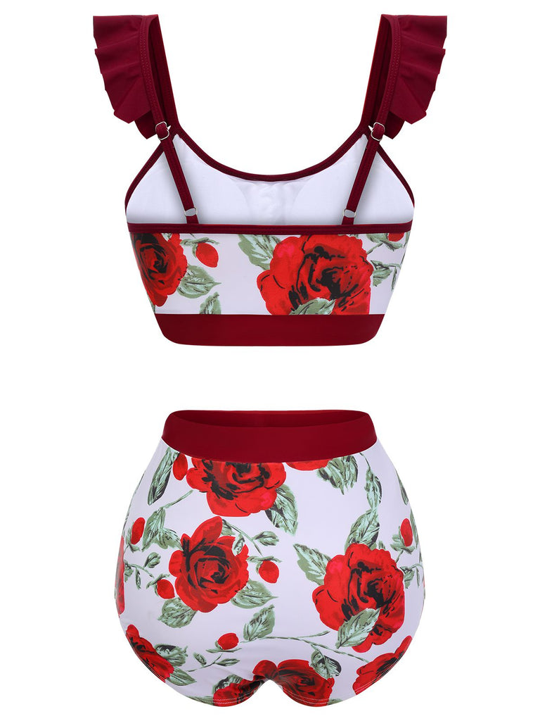 Red 1940s Floral Ruffles Swimsuit — vintage elegance for the modern woman