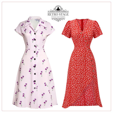 She slips into this Red 1940s Floral V-Neck Added Button Dress and suddenly it's a 1940s daydream
