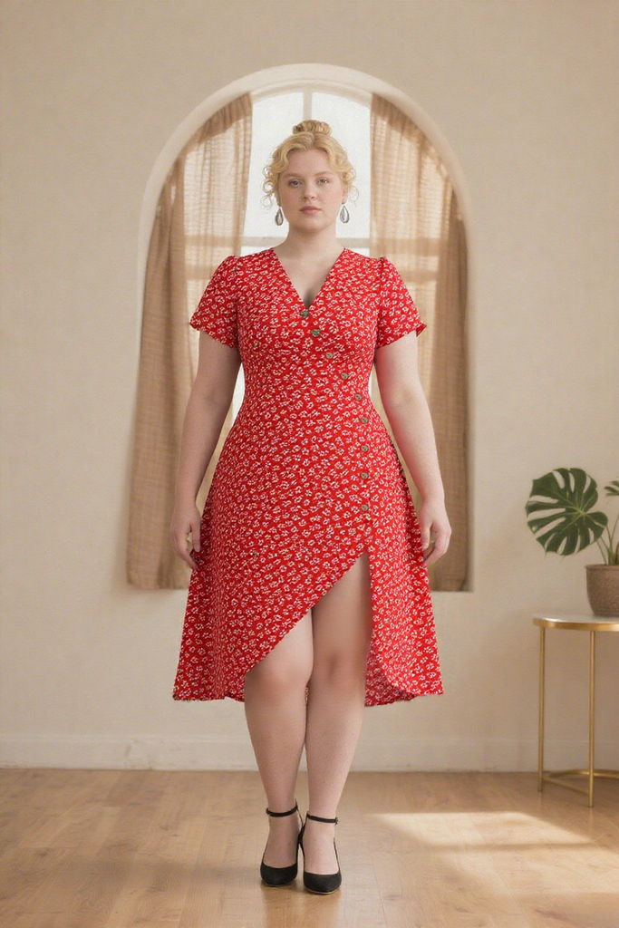 Red 1940s Floral V-Neck Added Button Dress - vintage dress, retro fashion, elegant red