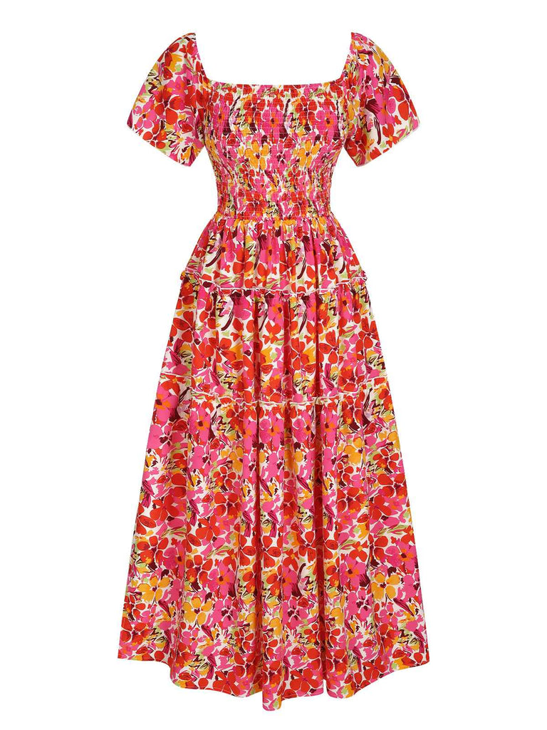 Red 1940s Flower Print Square Neck Tiered Dress, vintage dress, retro fashion - perfect for women who love vintage and retro fashion