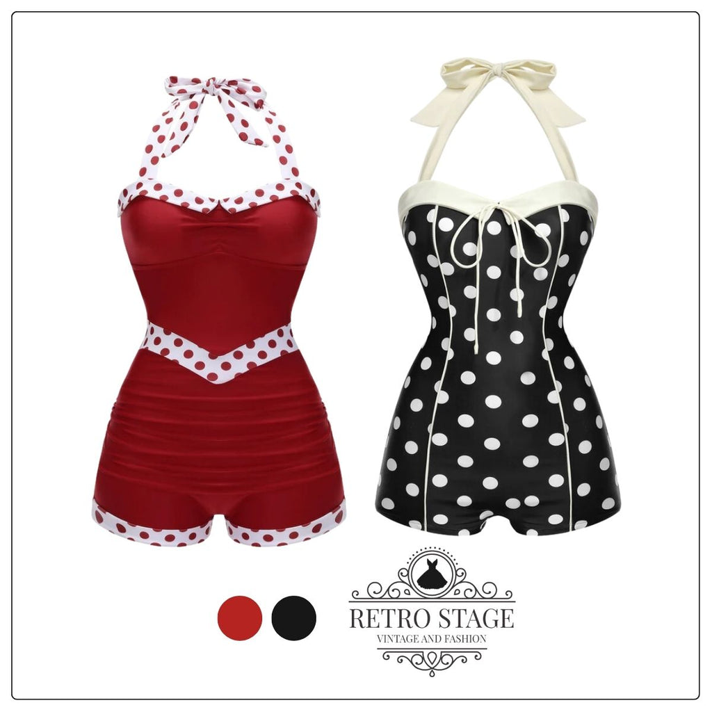 Red 1940s Halter Patchwork One-piece Swimsuit: timeless style reimagined