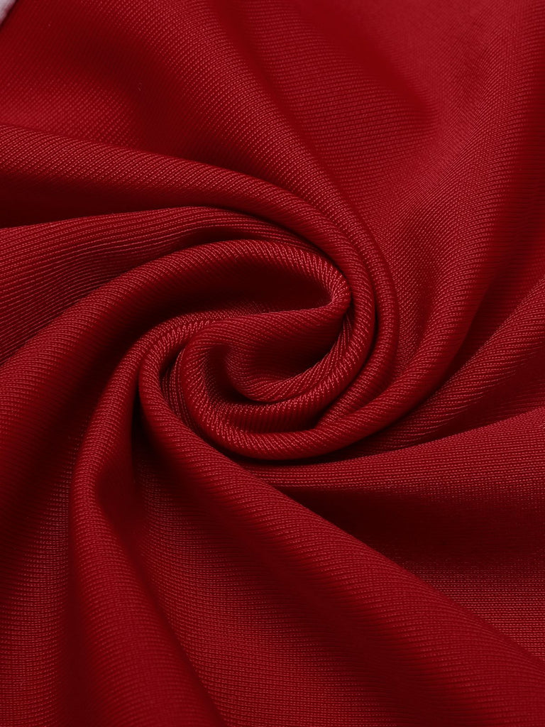 Close-up: 1940s Red 1940s Halter Patchwork One-piece Swimsuit, perfect for vintage themed parties and retro fashion enthusiasts