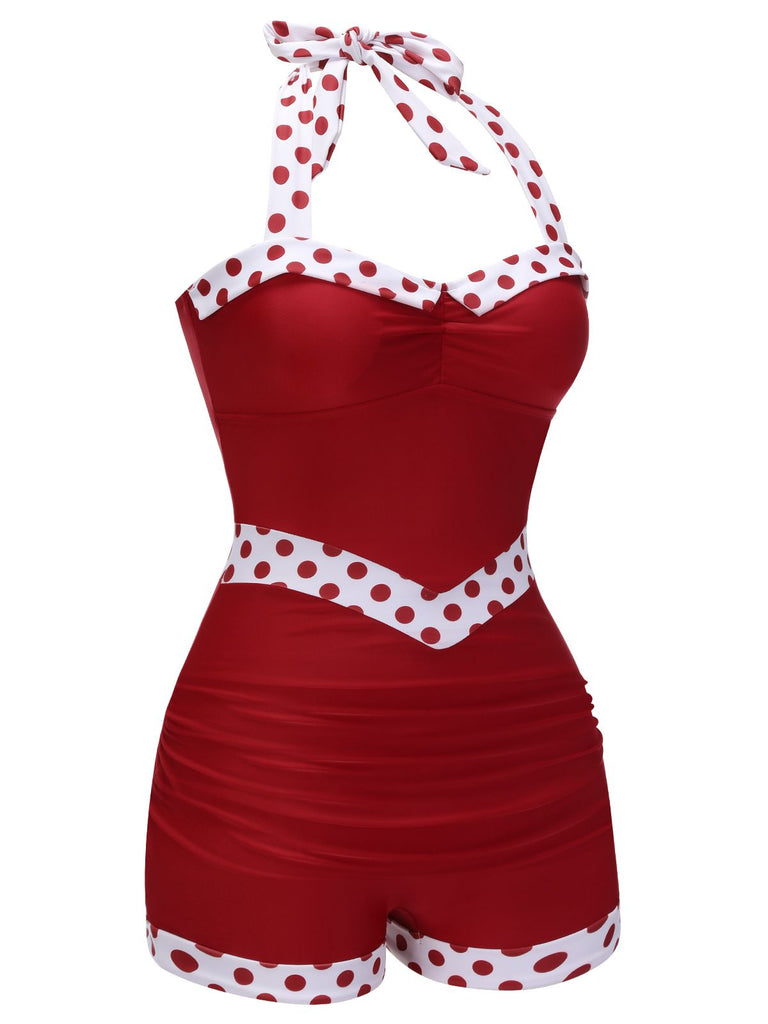 Detail view: 1940s Red 1940s Halter Patchwork One-piece Swimsuit, perfect for vintage themed parties and retro fashion enthusiasts