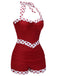 Detail view: 1940s Red 1940s Halter Patchwork One-piece Swimsuit, perfect for vintage themed parties and retro fashion enthusiasts