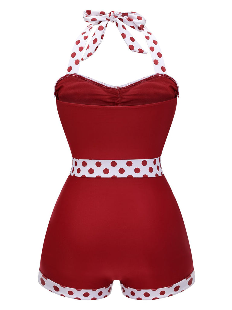 Close-up: 1940s Red 1940s Halter Patchwork One-piece Swimsuit, perfect for vintage themed parties and retro fashion enthusiasts