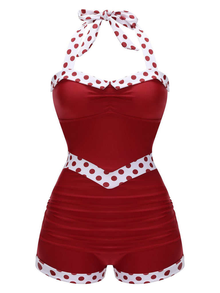 Back view: 1940s Red 1940s Halter Patchwork One-piece Swimsuit, perfect for vintage themed parties and retro fashion enthusiasts