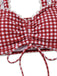 Red and white checkered bikini top with lace trim on a white background