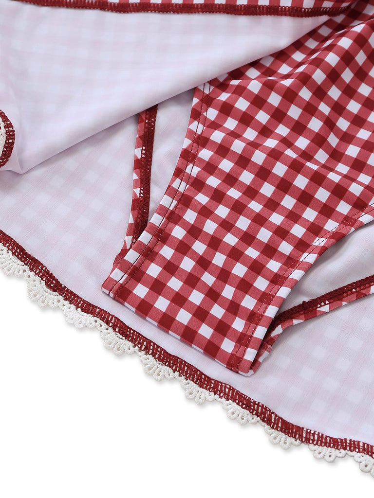 Red and white checkered fabric with lace trim on a white background