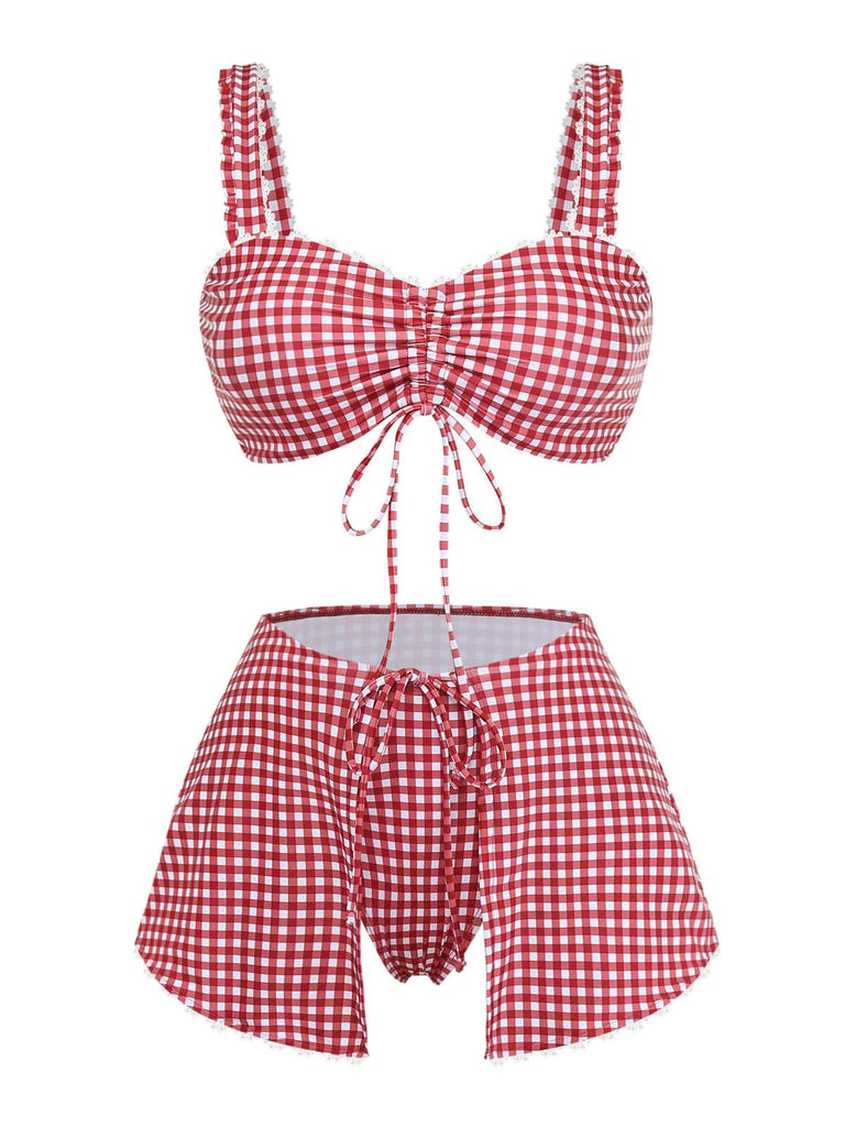 Red and white checkered bikini set on a white background