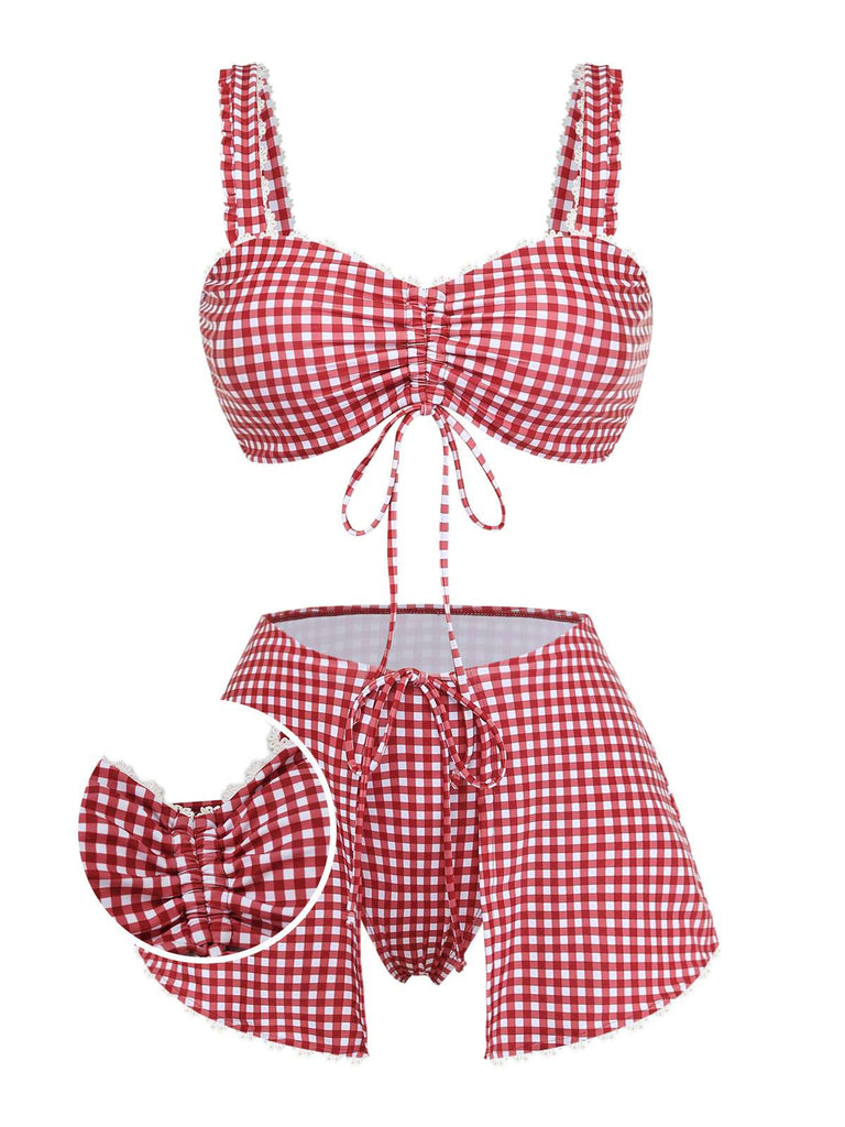 Red and white checkered bikini set on a white background