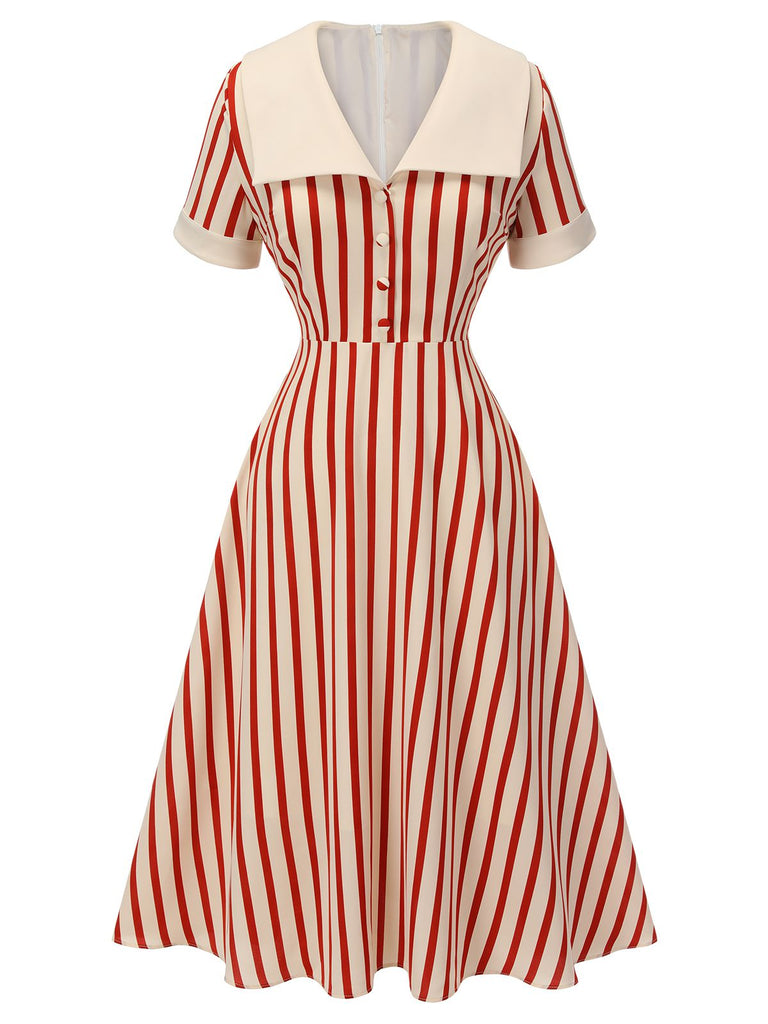 Retro Stage 1940s Lapel Vertical Stripes Midi Dress Red Retro Stage 1940s Lapel Vertical Stripes Midi Dress Red