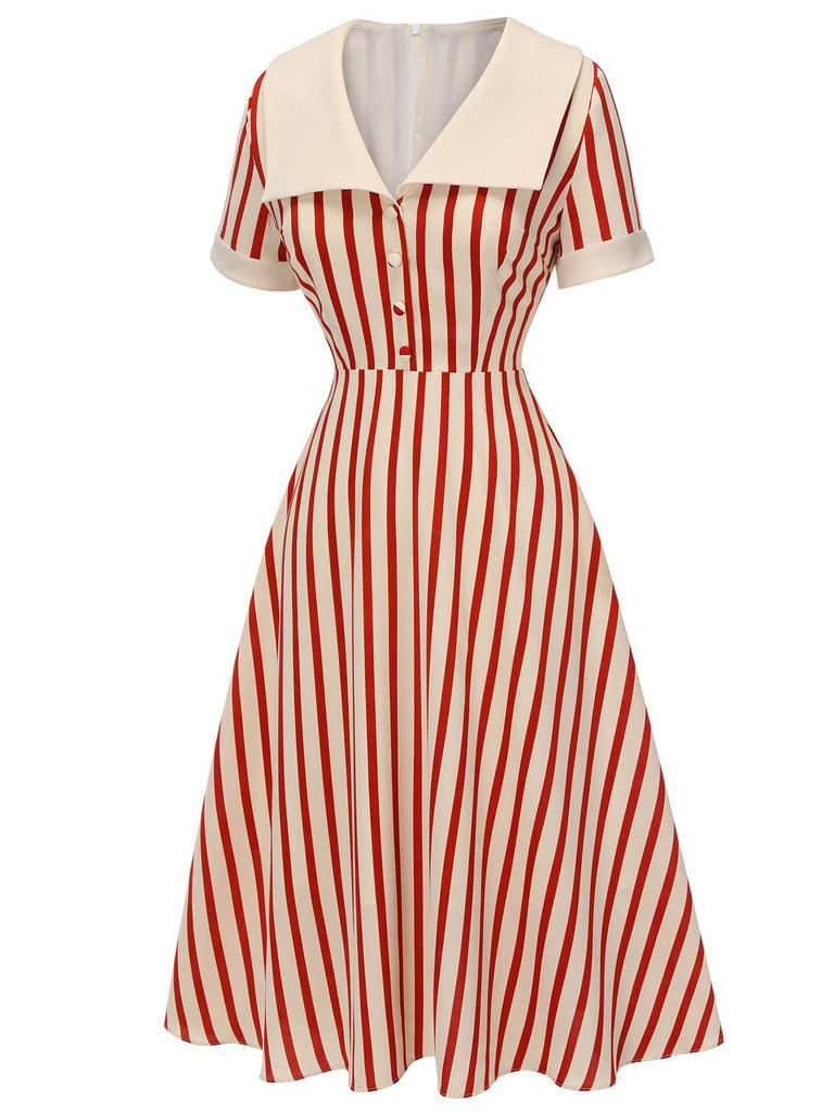 open lace back dress Red 1940s Lapel Vertical Stripes Dress
