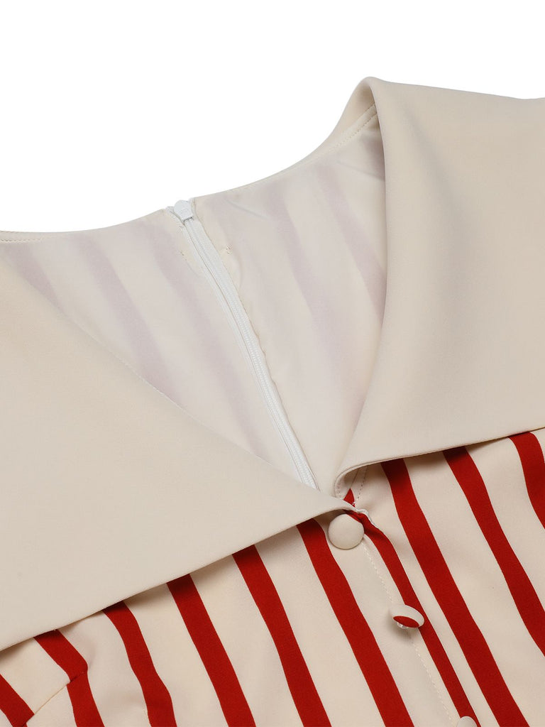 Retro Stage 1940s Lapel Vertical Stripes Midi Dress Red Retro Stage 1940s Lapel Vertical Stripes Midi Dress Red