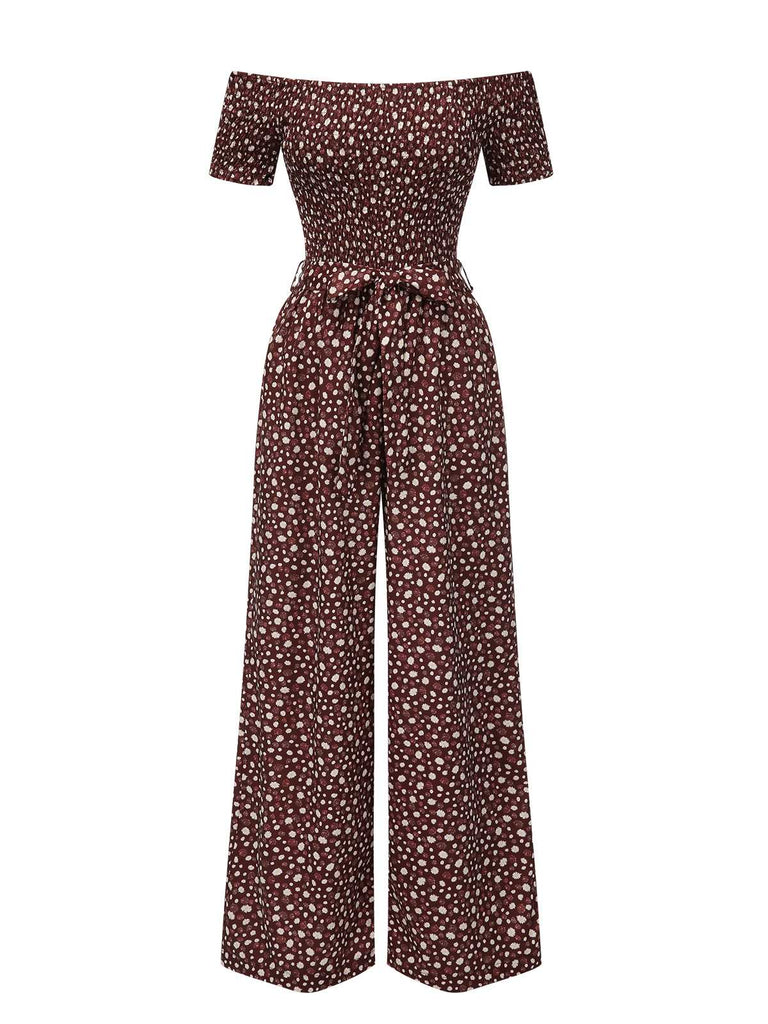 1940s OffShoulder Ditsy Smocked Jumpsuit | 1940s | vintage romper, retro jumpsuit