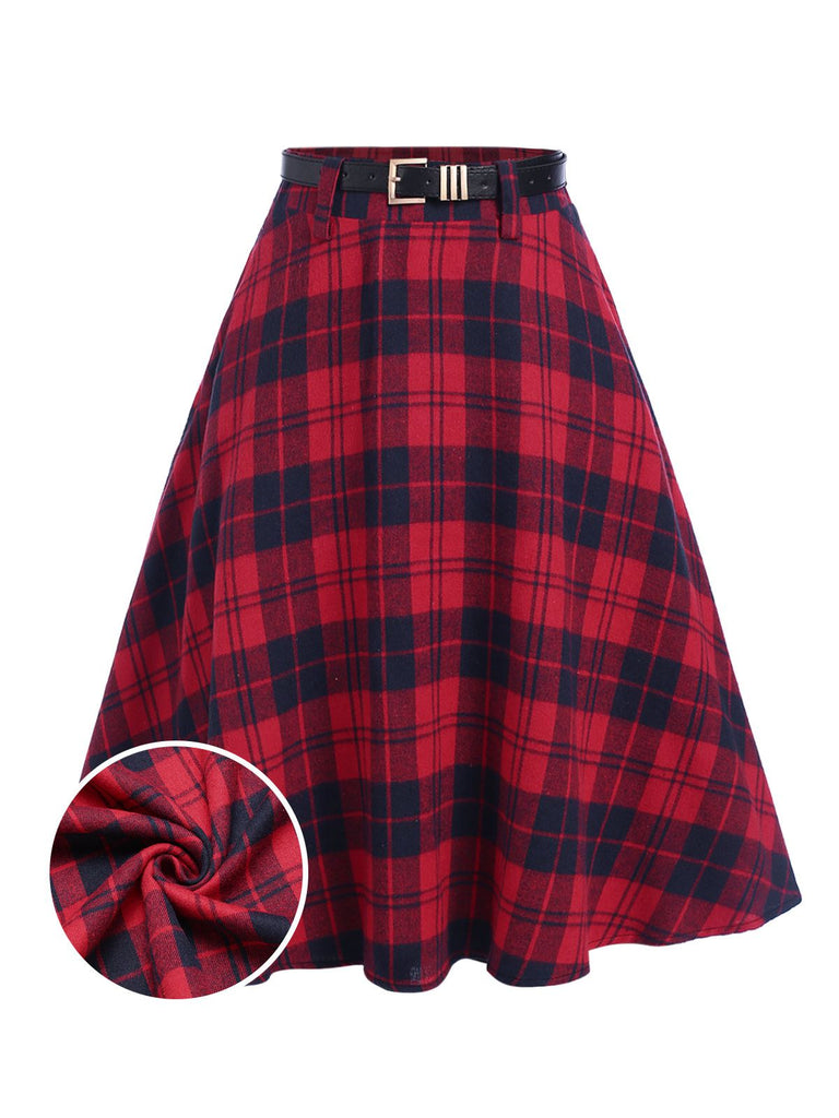 She sways in this Red 1940s Plaid Belted A-Line Skirt and it's pure 1940s magic
