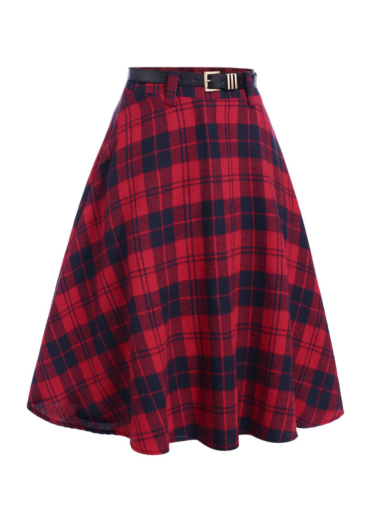 This Red 1940s Plaid Belted A-Line Skirt spins 1940s stories with every step