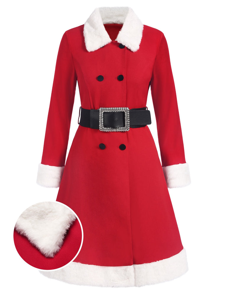 Red 1940s Plush Double-Breasted Belted Coat - vintage fashion, retro style, elegant red