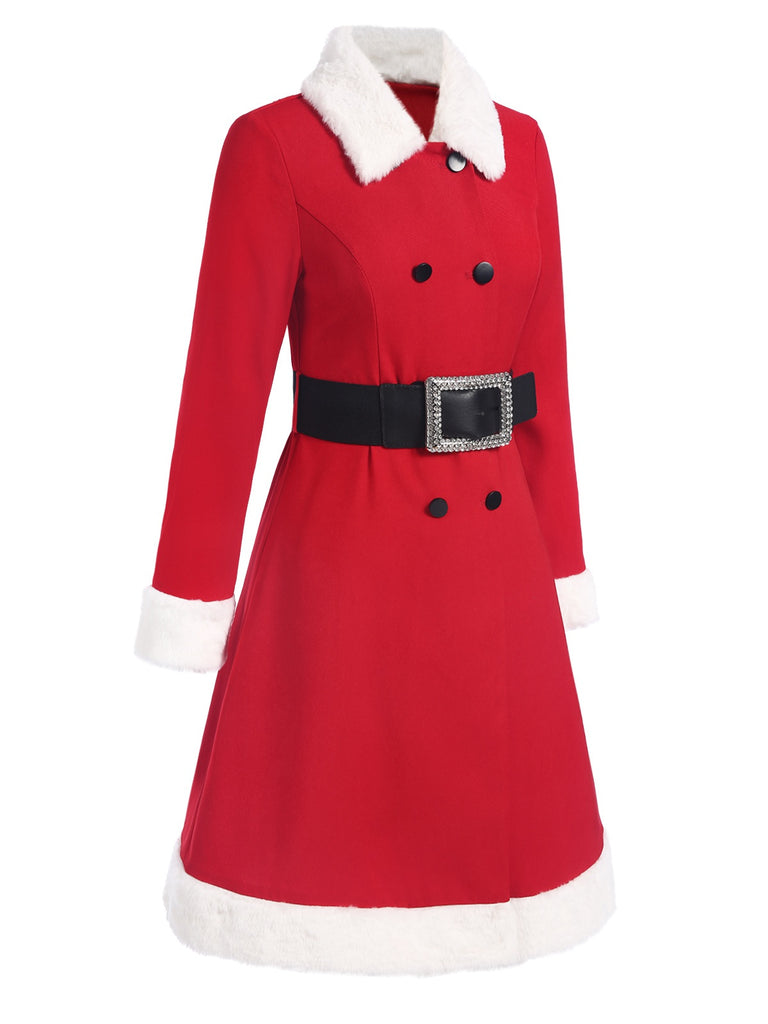 Red 1940s Plush Double-Breasted Belted Coat - vintage fashion, retro style, elegant red