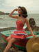 Red 1940s Polka Dot Halter Bow One-Piece Swimdress, vintage dress, retro fashion - perfect for women who love vintage and retro fashion
