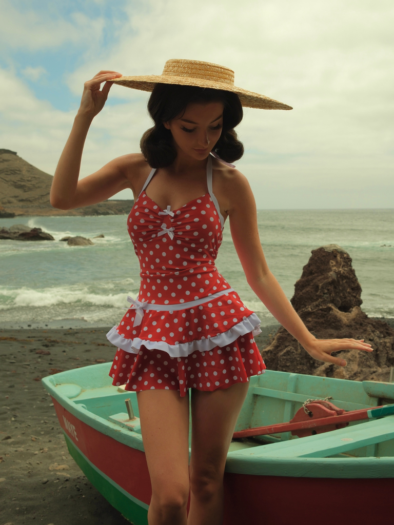 Red 1940s Polka Dot Halter Bow One-Piece Swimdress, vintage dress, retro fashion - perfect for women who love vintage and retro fashion