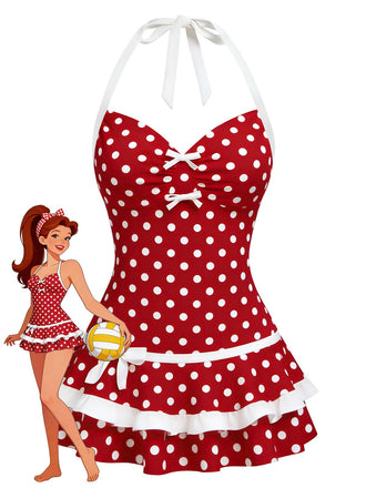 Red 1940s Polka Dot Halter Bow One-Piece Swimdress - vintage dress, retro fashion, elegant red