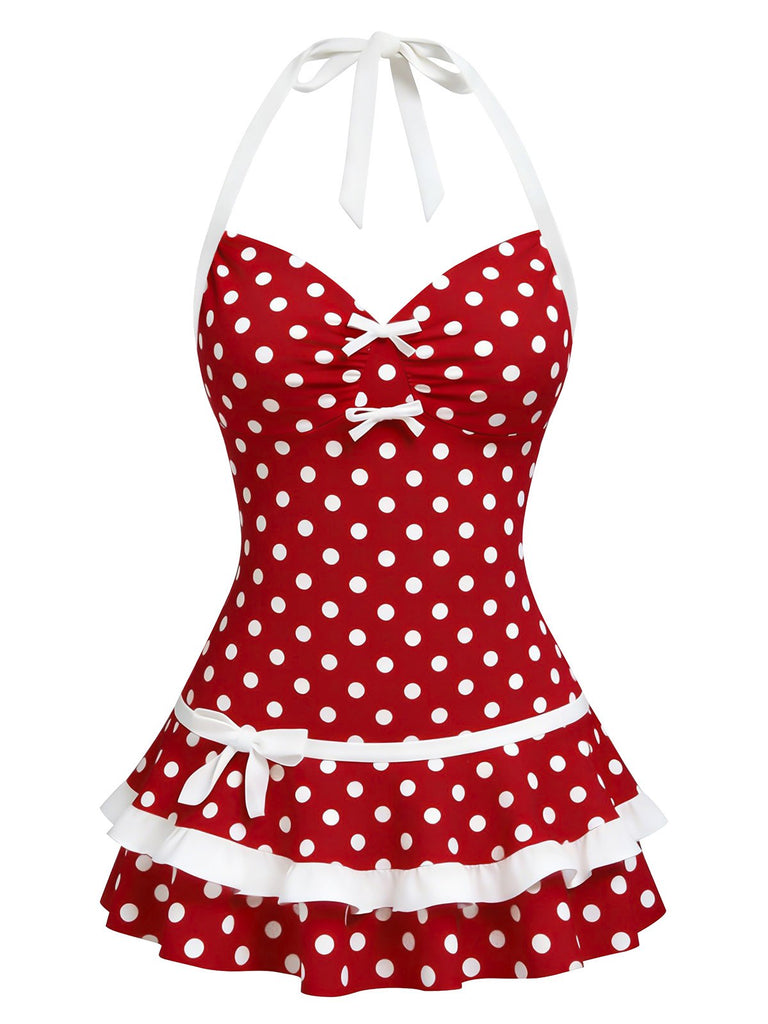 Red 1940s Polka Dot Halter Bow One-Piece Swimdress - vintage dress, retro fashion, elegant red