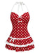 Red 1940s Polka Dot Halter Bow One-Piece Swimdress - vintage dress, retro fashion, elegant red