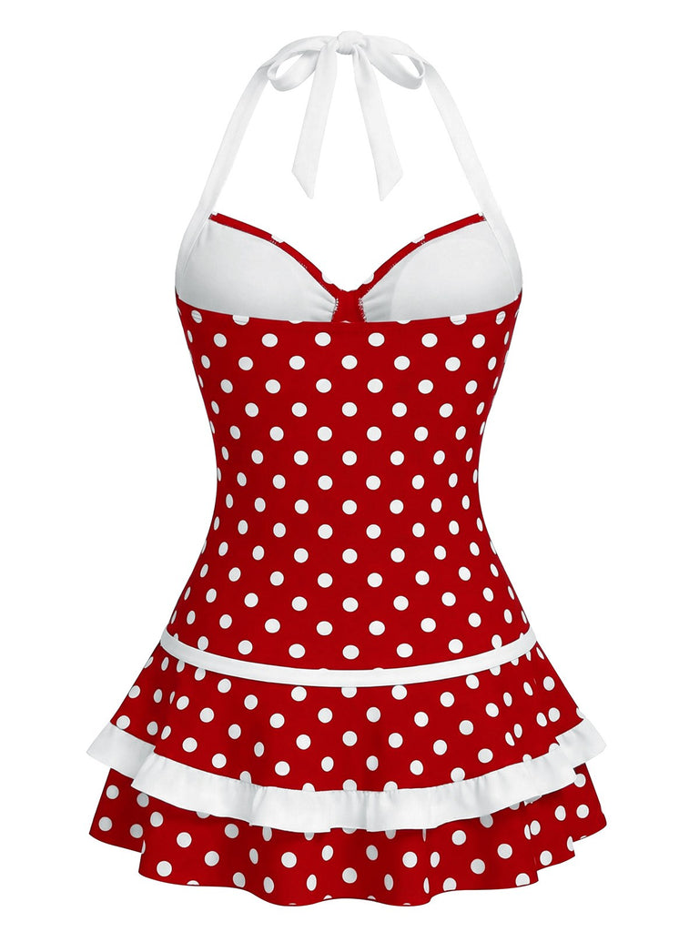 Red 1940s Polka Dot Halter Bow One-Piece Swimdress - vintage dress, retro fashion, elegant red