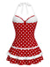 Red 1940s Polka Dot Halter Bow One-Piece Swimdress - vintage dress, retro fashion, elegant red