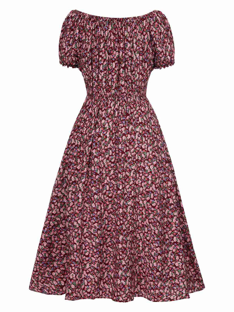 Red 1940s Puff Sleeves Ditsy Floral Dress, vintage dress, retro fashion, floral print - perfect for women who love vintage and retro fashion