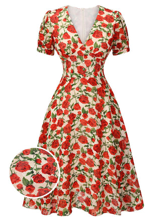 Red 1940s Rose V-Neck Swing Dress, vintage dress, retro fashion, rockabilly, pin-up fashion - perfect for women who love vintage and retro fashion