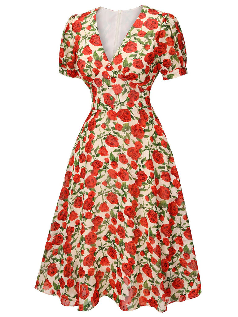 Red 1940s Rose V-Neck Swing Dress | Retro Stage Red 1940s Rose V-Neck Swing Dress | Retro Stage