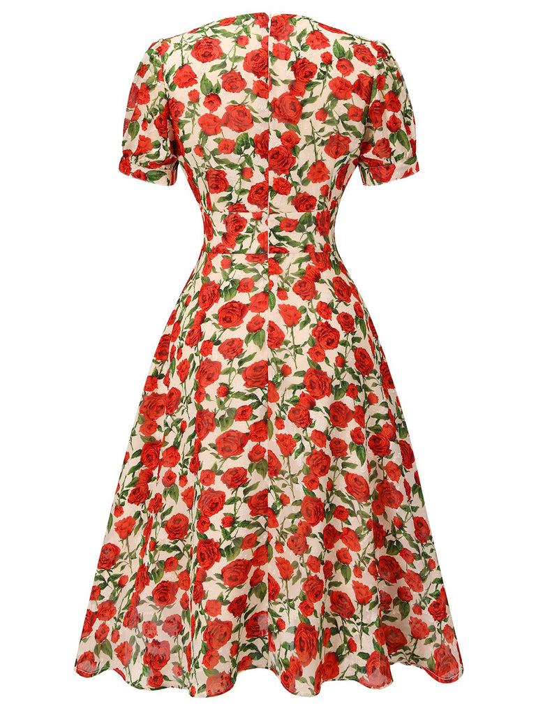 Red 1940s Rose V-Neck Swing Dress, vintage dress, retro fashion, rockabilly, pin-up fashion - perfect for women who love vintage and retro fashion